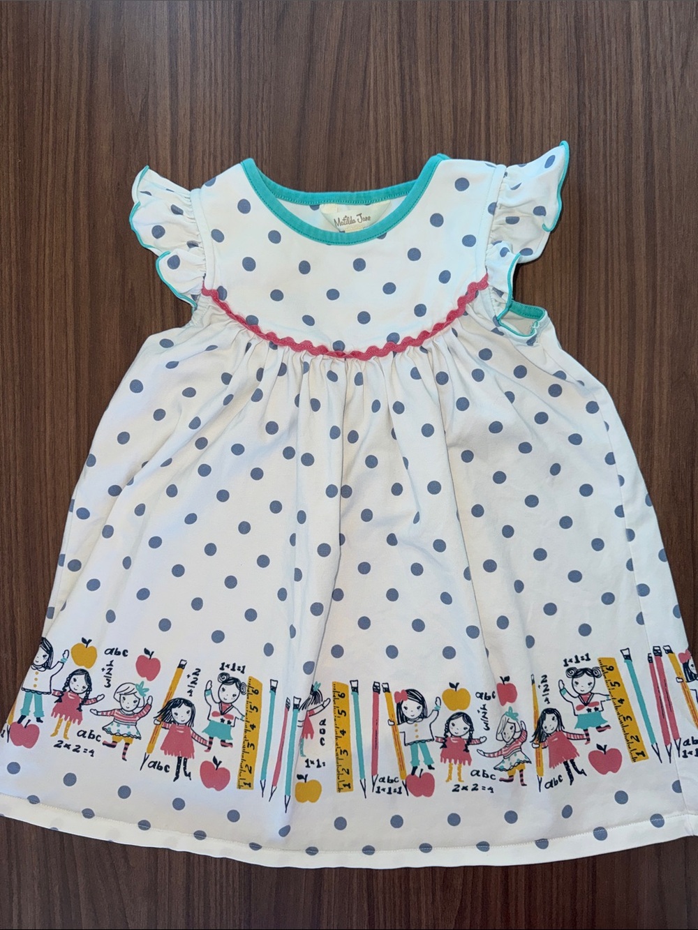 Matilda Jane White Dress with Blue Polka Dots & Teal Trim Girls Size 4